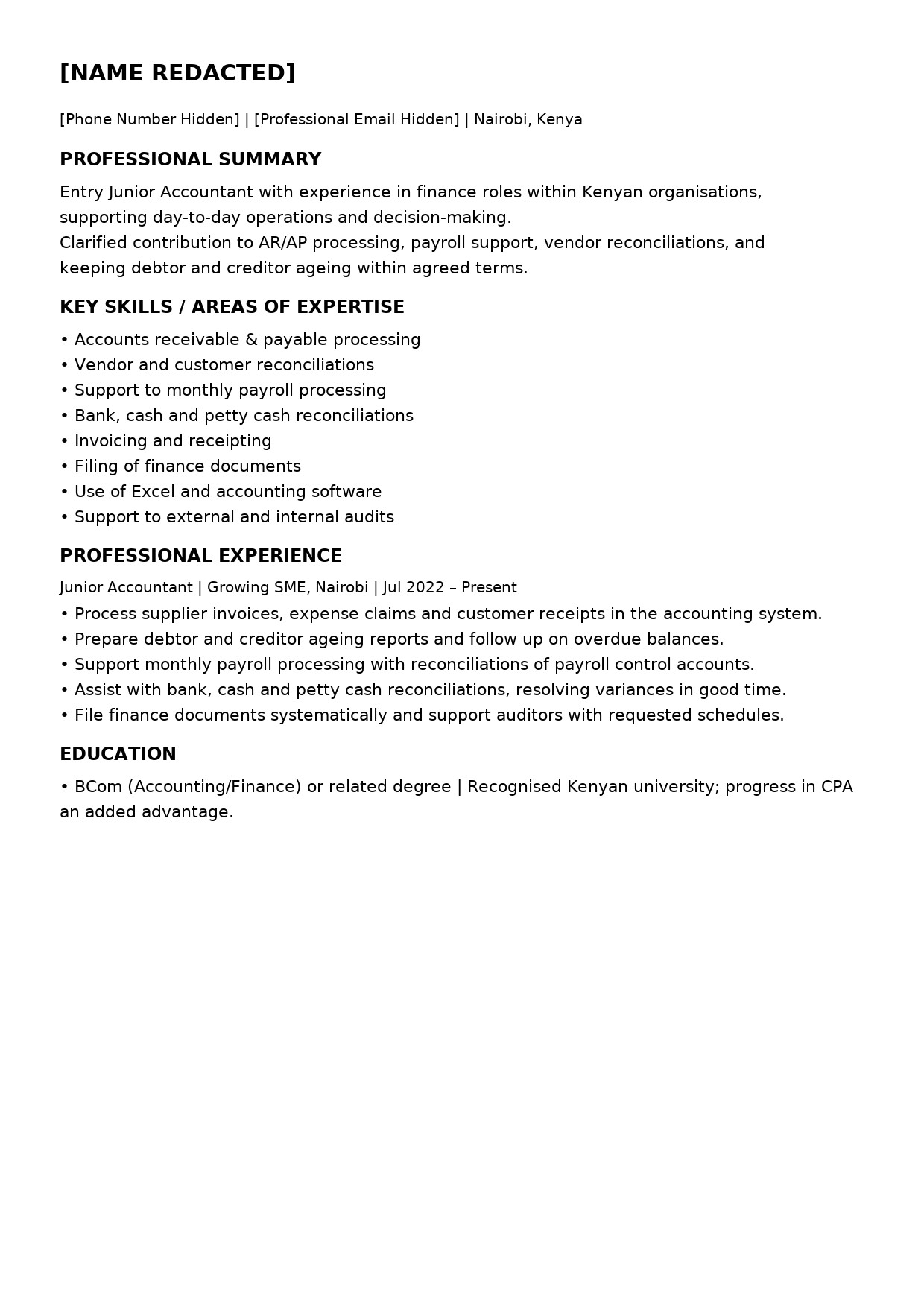 Before and after CV sample for an entry-level junior accountant in Kenya