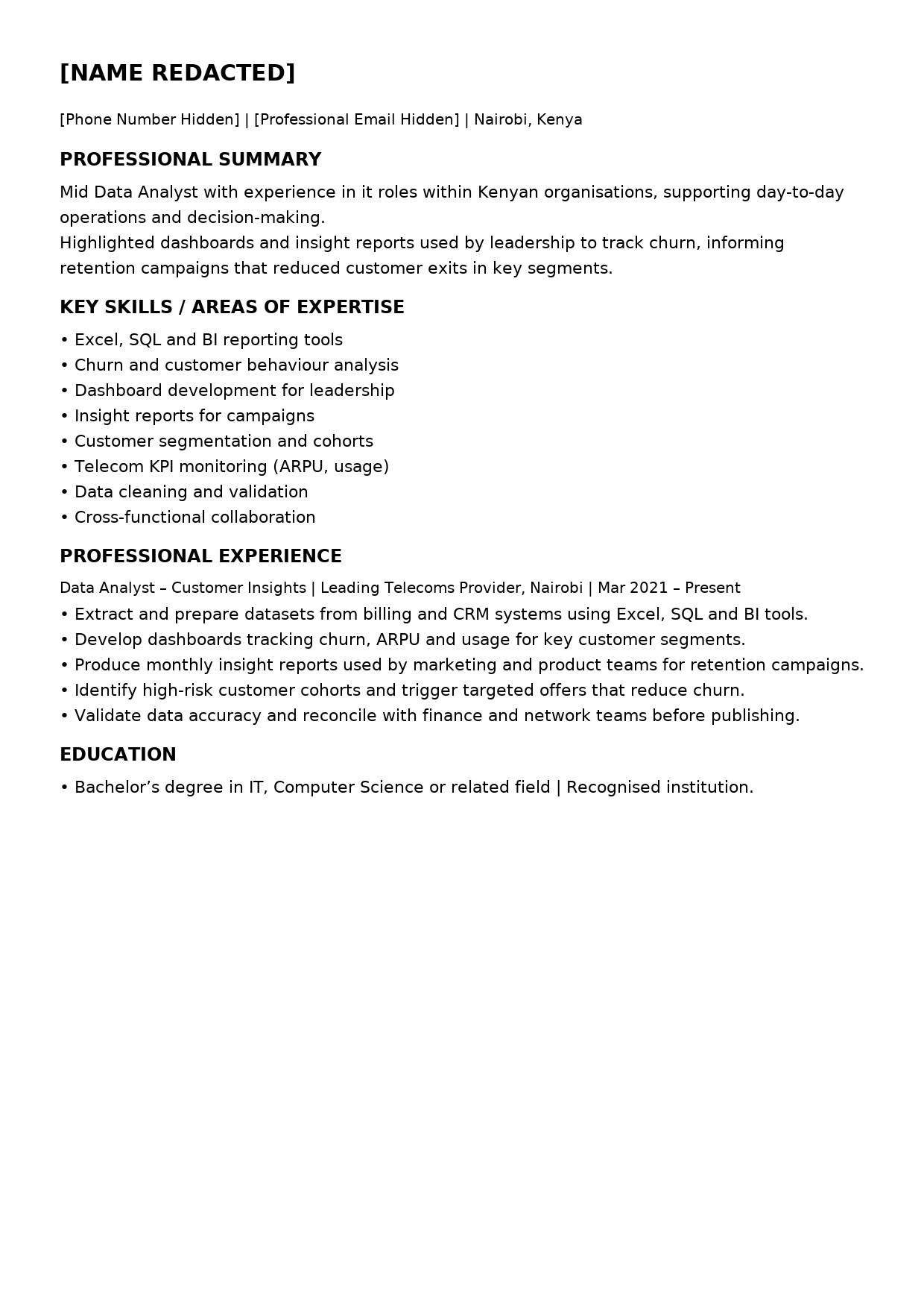Before and after CV sample for a senior operations manager in Kenya